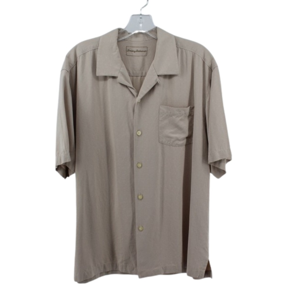 Tommy Bahama Silk Camp Shirt Mens Large Tan Short Sleeve Button Down Resort‎